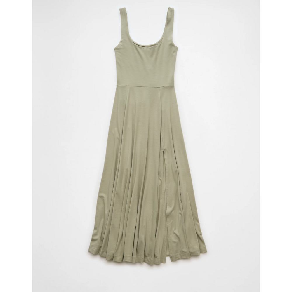 American Eagle Olive Green Scoop Neck Midi Dress With Slit - Picture 1 of 4